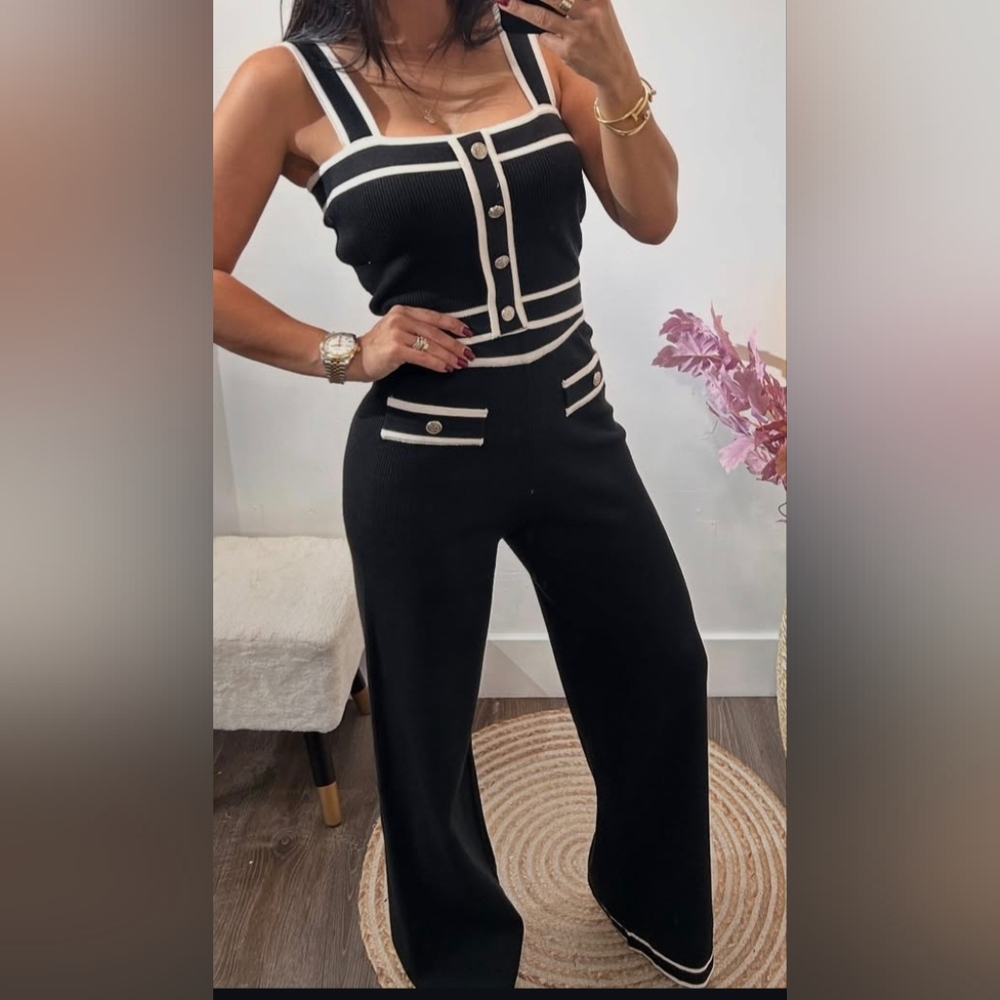 Black and White Slim-Fit Pants Set with Sporty Design